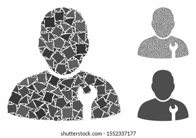 Serviceman mosaic of bumpy elements in different sizes and shades, based on serviceman icon. Vector tremulant dots are united into mosaic. Serviceman icons collage with dotted pattern.