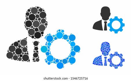 Serviceman mosaic of filled circles in variable sizes and color tints, based on serviceman icon. Vector small circles are organized into blue mosaic. Dotted serviceman icon in usual and blue versions.
