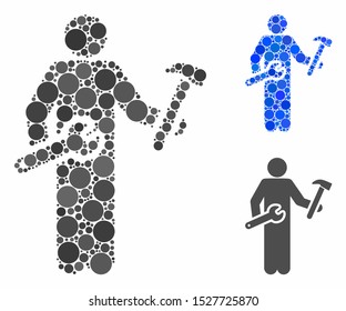 Serviceman mosaic of filled circles in various sizes and color hues, based on serviceman icon. Vector small circles are united into blue mosaic. Dotted serviceman icon in usual and blue versions.