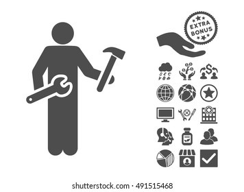 Serviceman pictograph with bonus clip art. Vector illustration style is flat iconic symbols, gray color, white background.