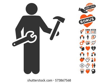 Serviceman pictograph with bonus dating symbols. Vector illustration style is flat iconic orange and gray symbols on white background.