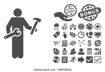 Serviceman pictograph with bonus images. Vector illustration style is flat iconic symbols, gray color, white background.