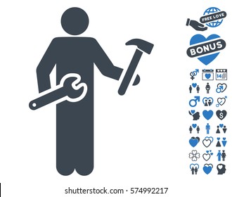 Serviceman pictograph with bonus lovely design elements. Vector illustration style is flat iconic smooth blue symbols on white background.