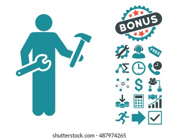 Serviceman pictograph with bonus pictogram. Vector illustration style is flat iconic bicolor symbols, soft blue colors, white background.