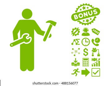 Serviceman pictograph with bonus pictogram. Vector illustration style is flat iconic symbols, eco green color, white background.