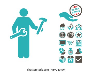 Serviceman pictograph with bonus pictures. Vector illustration style is flat iconic bicolor symbols, grey and cyan colors, white background.