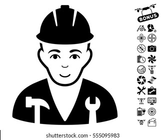 Serviceman pictograph with bonus quad copter tools pictograph collection. Vector illustration style is flat iconic black symbols on white background.
