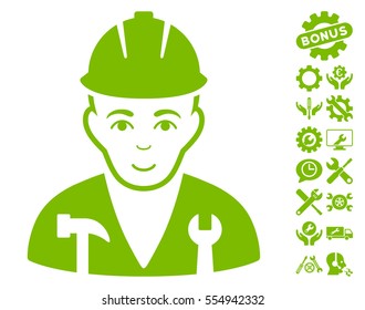 Serviceman pictograph with bonus setup tools icon set. Vector illustration style is flat iconic eco green symbols on white background.