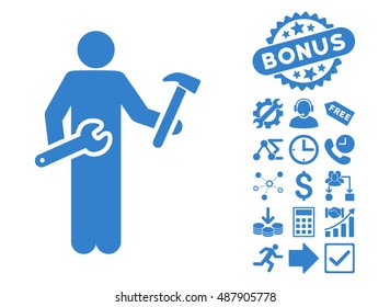 Serviceman pictograph with bonus symbols. Vector illustration style is flat iconic symbols, cobalt color, white background.