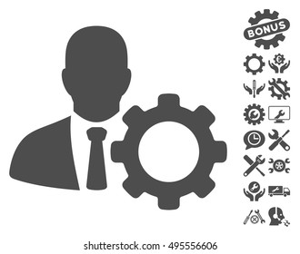 Serviceman pictograph with bonus tools clip art. Vector illustration style is flat iconic symbols, gray color, white background.