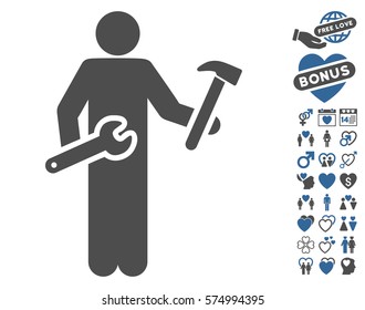 Serviceman pictograph with bonus valentine pictures. Vector illustration style is flat iconic cobalt and gray symbols on white background.