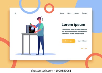 Serviceman repairing computer. PC support help center service and maintenance flat vector illustration. Computer repair and customer care concept for banner, website design or landing web page