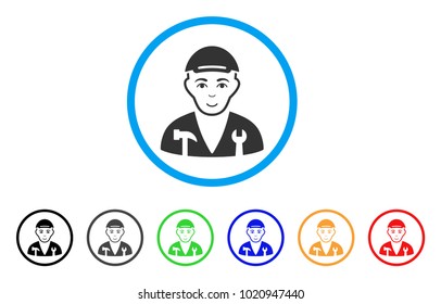 Serviceman rounded icon. Style is a flat serviceman grey symbol inside light blue circle with black, gray, green, blue, red, orange versions. Joyful serviceman vector pictogram.