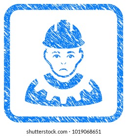 Serviceman rubber seal stamp watermark. Icon vector symbol with grunge design and unclean texture inside rounded frame. Scratched blue sign on a white background.