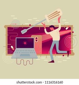 Serviceman with screwdriver, notebook and phone. Vector illustration. Flat design for web.