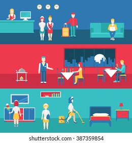 Serviceman servicewoman service business people flat style vector web site banner hero image set. Porter waiter maid cleaner laundress washerwoman washwoman hotel restaurant manager door keeper.