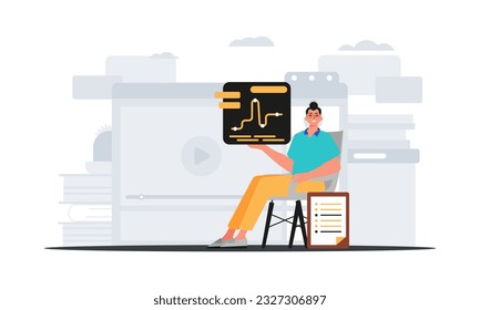 The serviceman sits in a domesticate and holds a graph with statistic . digital marketplace concept. Trendy style, Vector Illustration