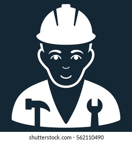 Serviceman vector icon. Flat white symbol. Pictogram is isolated on a dark blue background. Designed for web and software interfaces.