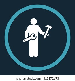 Serviceman vector icon. This rounded flat symbol is drawn with blue and white colors on a dark blue background.