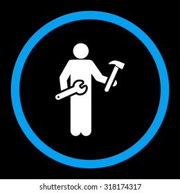 Serviceman vector icon. This rounded flat symbol is drawn with blue and white colors on a black background.