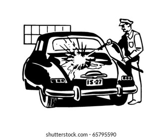 Serviceman Washing Car - Retro Clipart Illustration