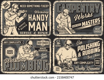 Servicemen horizontal monochrome vintage posters set with inscriptions, builder in helmet using drill, carpenter sawing wooden board, plumber using pipe wrench, man polishing car with buffing machine