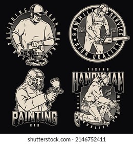 Servicemen Monochrome Vintage Emblems Set With Worker In Ear Protectors Using Buffing Wheel Tool, Sawmill Employee With Chainsaw, Car Painter Holding Spray Gun, Repairman With Screwdriver, Vector