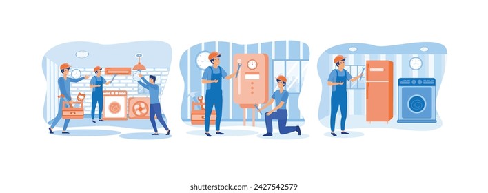 Servicemen repairing machines at home.Repairs broken water heater. Repair technician service with washing machine, refrigerator elements. Home repair set flat vector modern illustration