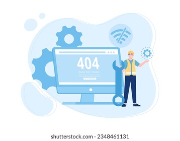 It servicer standing in front of computer with equipment trending concept flat illustration