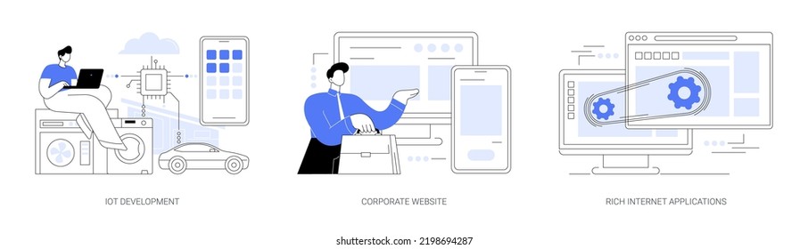 IT Services Abstract Concept Vector Illustration Set. IoT Development, Corporate Website, Rich Internet Applications, Web Development, Internet Of Things, User Interaction Design Abstract Metaphor.