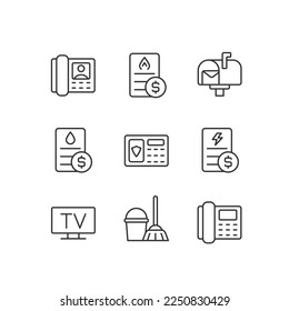 Services and bills pixel perfect linear icons set. Water, gas and electricity payment. Telecommunication. Customizable thin line symbols. Isolated vector outline illustrations. Editable stroke