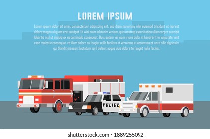 Services cars vector icons. Ambulance, police, fire truck, illustration with place for text. City background. Cartoon style. Poster, Billboard