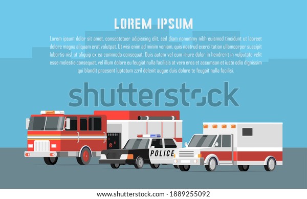 Services cars vector icons. Ambulance, police,
fire truck, illustration with place for text. City background.
Cartoon style. Poster,
Billboard