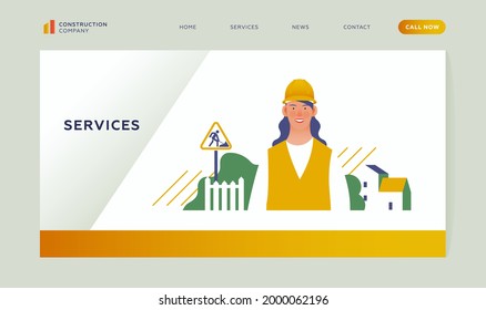 Services. Construction company. Female construction worker in safety reflective clothing, protective workwear in front of road work sign, city landscape background. Modern flat vector illustration. 