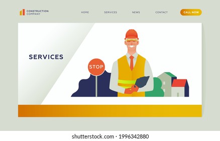 Services. Construction company. Male construction worker in safety reflective vest, protective workwear, hold file folder in front of stop road sign, city background. Modern flat vector illustration. 