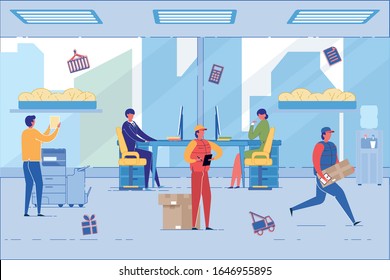 Services In Customs Clearance Goods For International Transportation. Customs Brokers Office With Lawyers And Couriers Characters. Preparation Documents For Postal Items. Flat Vector Illustration.