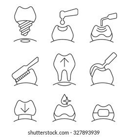 Services of dental clinics / Line set of icons of services of dental clinics
