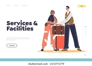 Services And Facilities Concept Of Landing Page With Bellboy Take Luggage Of Woman Arriving To Hotel. Doorman Help Female Visitor. Porter Work With Guest. Cartoon Flat Vector Illustration