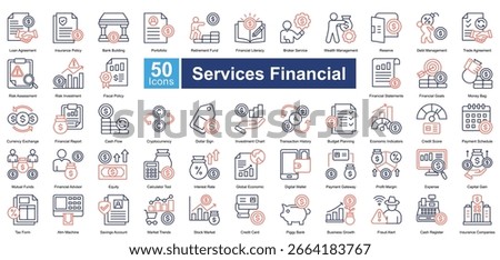 Services Financial icon set containing 50 icons including, loan agreement, insurance policy, bank building, portfolio, retirement fund, financial literacy, broker service, simple vectors.