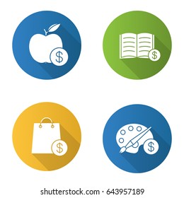 Services flat design long shadow icons set. Shopping. Buy fruit, books, art products. Vector silhouette illustration