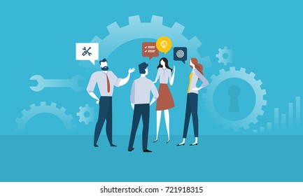 Services. Flat design people concept for business services, project management, product development. Vector illustration concept for web banner, business presentation, advertising material.