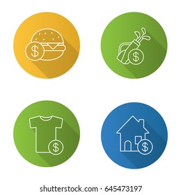 Services flat linear long shadow icons set. Buy food, sport equipment, clothes, real estate. Vector line illustration