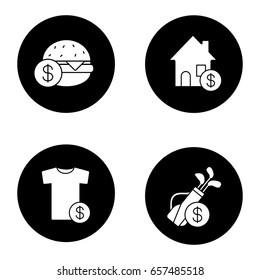Services glyph icons set. Buy food, sport equipment, clothes, real estate. Vector white silhouettes illustrations in black circles