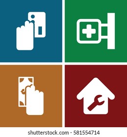 services icons set. Set of 4 services filled icons such as medical cross, home repair, cash payment