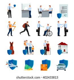 Services of insurance company icons set with policy negotiations security of health and property isolated vector illustration 