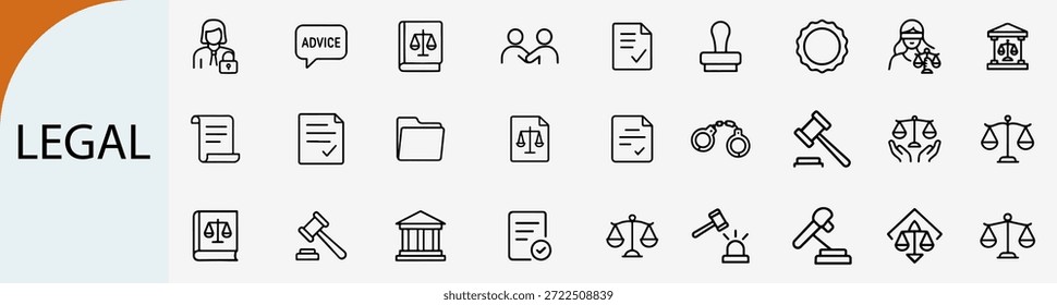 “Legal services and justice system linear icon set, law agency vector”