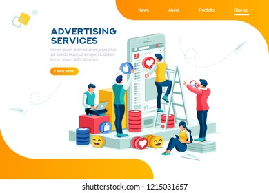 Services, large media network tool. Internet promotion, advertising, modern advertisement. Audience on phone as horizontal electronic place, plane with a small cup. Flat isometric Vector illustration.