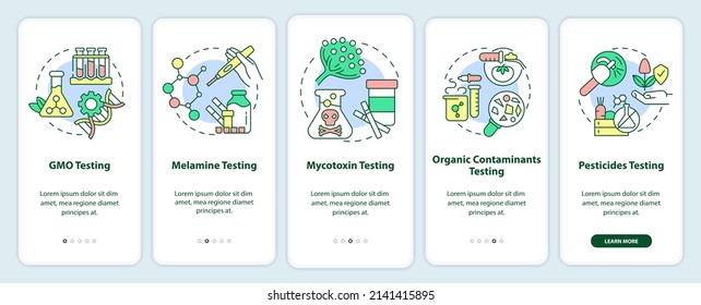 Pantalla de aplicación móvil de los servicios a bordo. Recorrido de pruebas de GMO y melamina 5 pasos páginas de instrucciones gráficas con conceptos lineales. UI, UX, plantilla GUI. Multitud de tipos de letra Pro-Bold, con uso regular