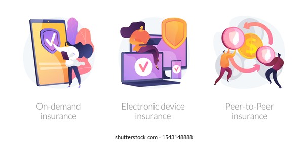 Services ordering, financial protection, risk sharing icons set. On demand insurance, electronic device insurance, peer to peer insurance metaphors. Vector isolated concept metaphor illustrations