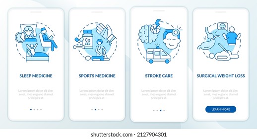 Services for patients blue onboarding mobile app screen. Medical care walkthrough 4 steps graphic instructions pages with linear concepts. UI, UX, GUI template. Myriad Pro-Bold, Regular fonts used